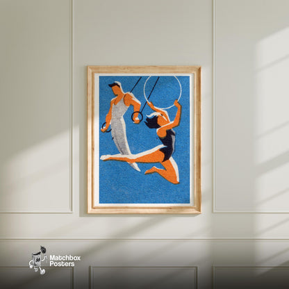 Gymnasts - vintage matchbox label print - bedroom mockup