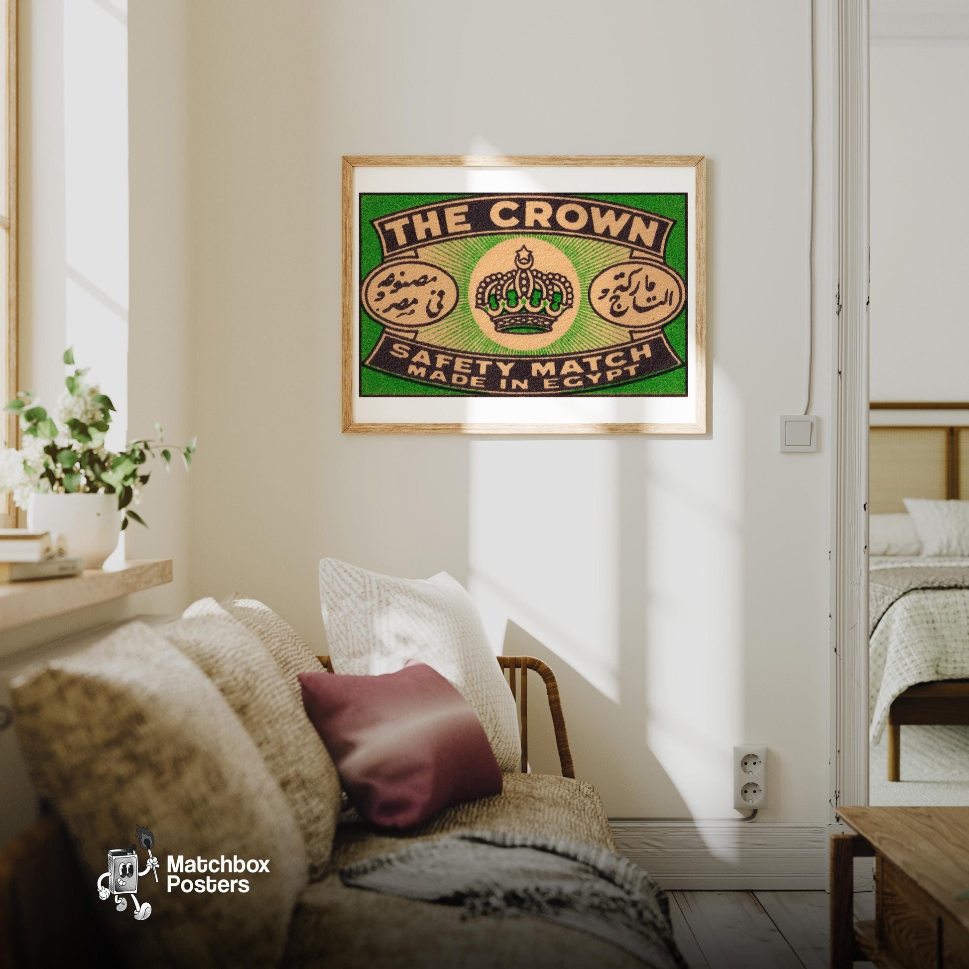 Crown Symbol - vintage matchbox label print - living room mockup