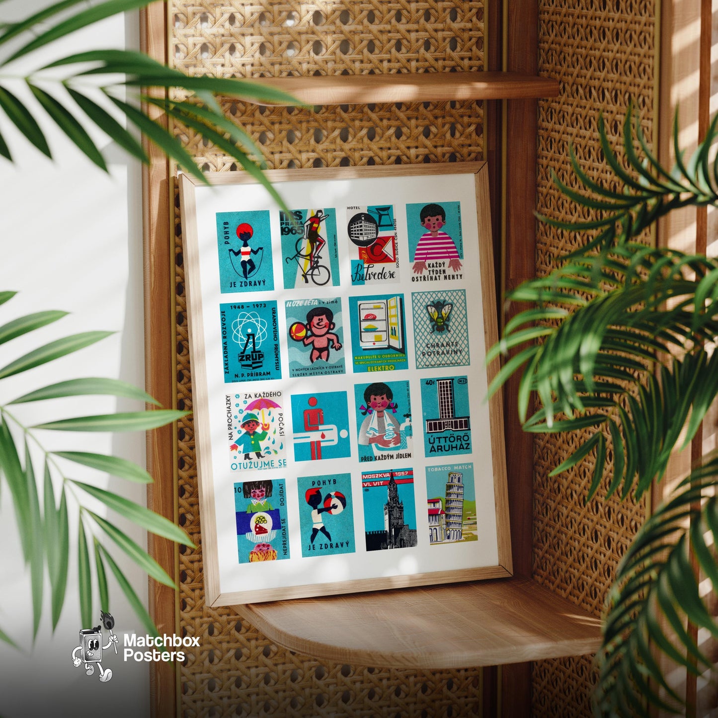 Turquoises Grid - vintage matchbox label print - size comparison
