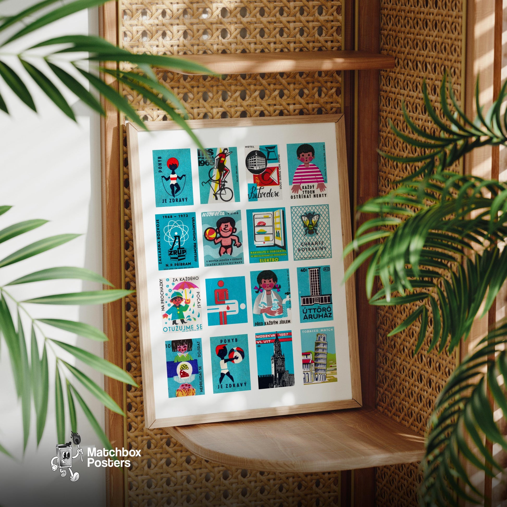 Turquoises Grid - vintage matchbox label print - size comparison