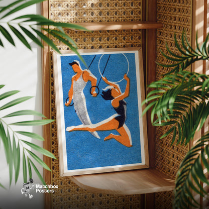 Gymnasts - vintage matchbox label print - office wall