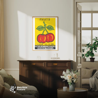 Two Red Cherries - vintage matchbox label print - living room mockup