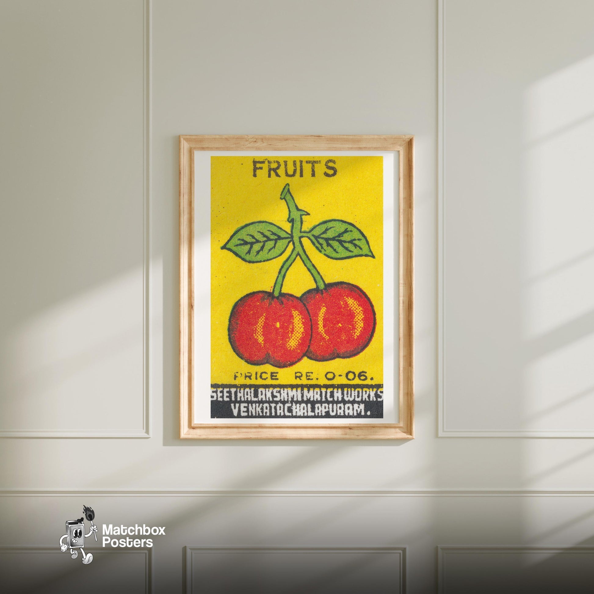 Two Red Cherries - vintage matchbox label print - bedroom mockup