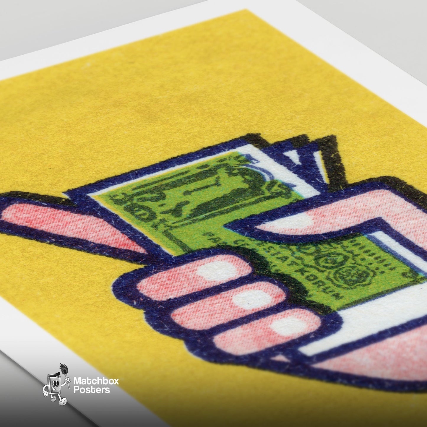 Hand Holding Banknotes - vintage matchbox label print - close-up detail