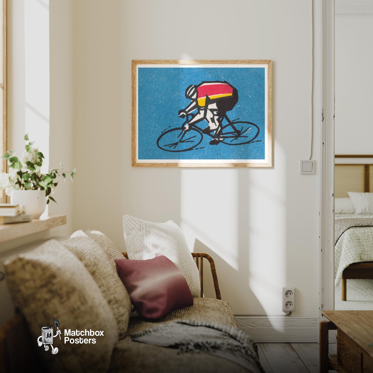 Cyclist - vintage matchbox label print - living room mockup