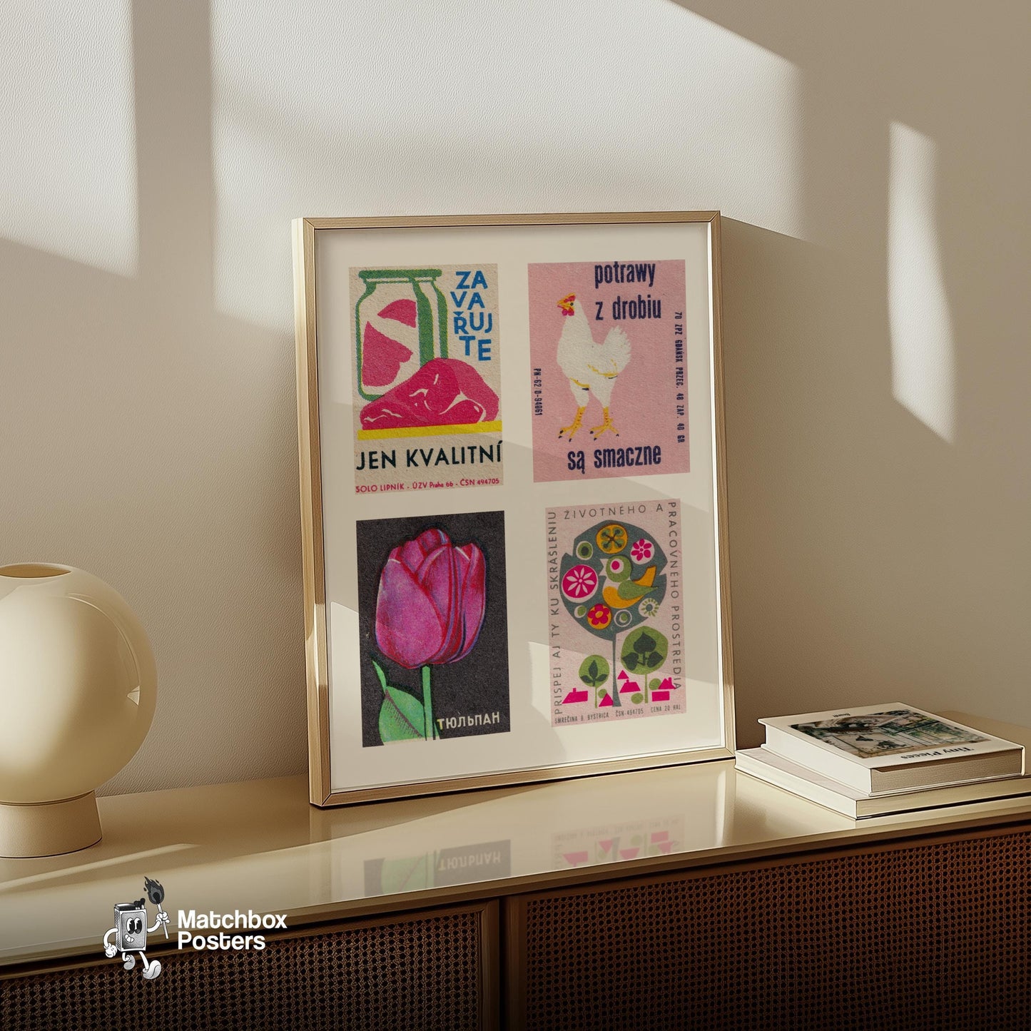 Pinks Grid Print - vintage matchbox label print - bedroom mockup