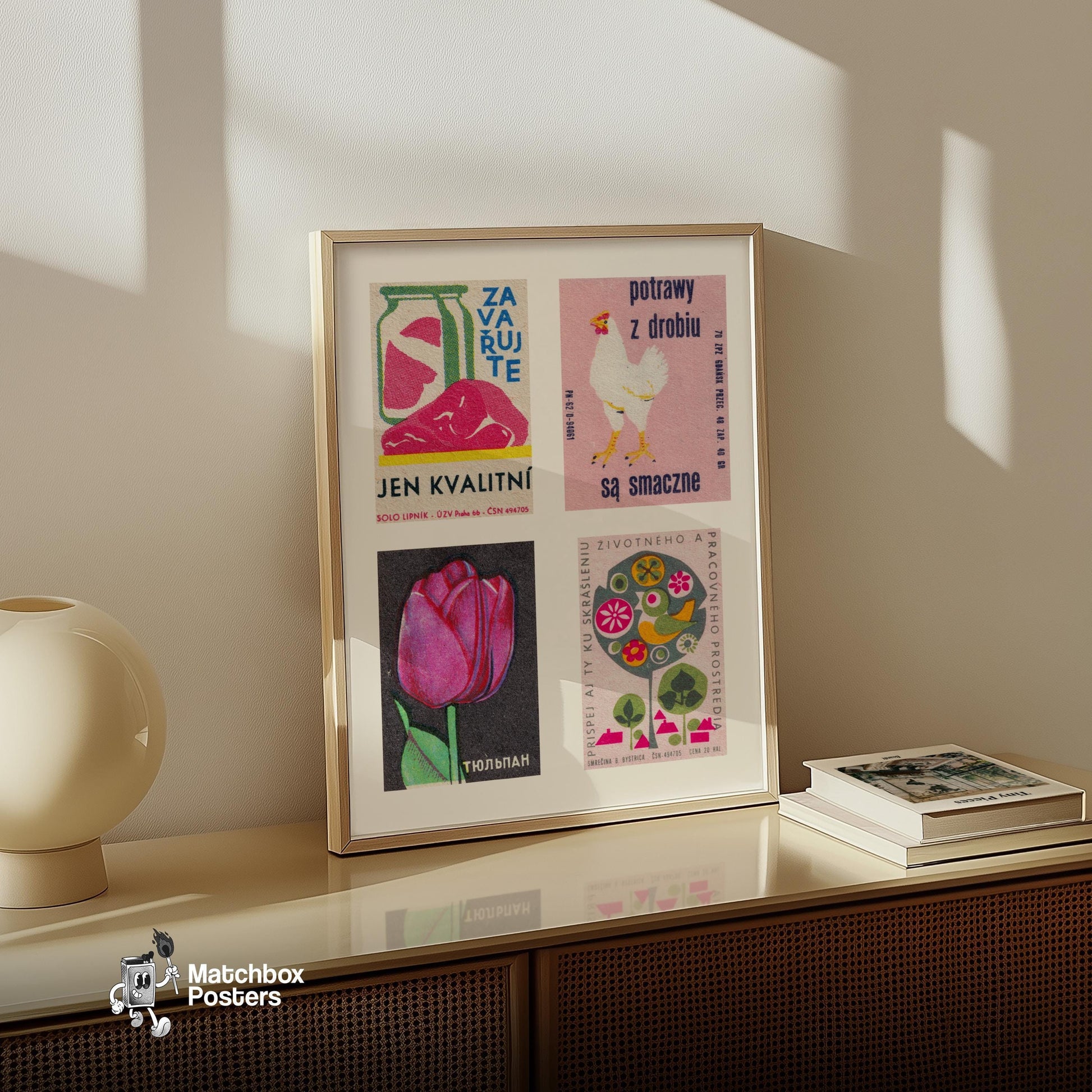 Pinks Grid Print - vintage matchbox label print - bedroom mockup