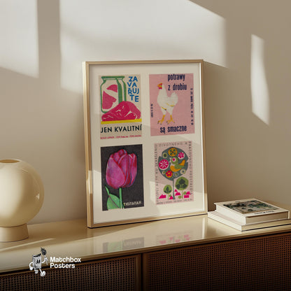Pinks Grid Print - vintage matchbox label print - bedroom mockup
