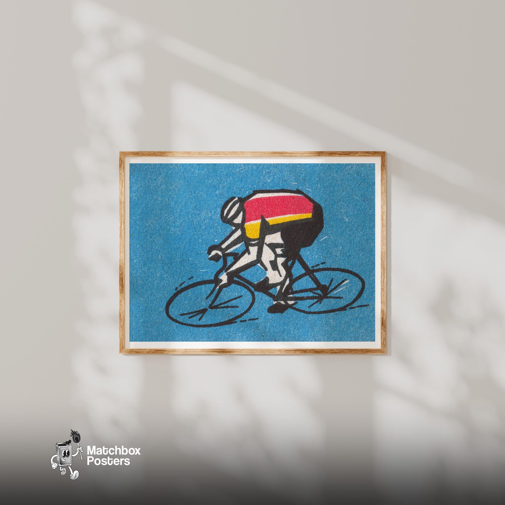 Cyclist - vintage matchbox label print - bedroom mockup