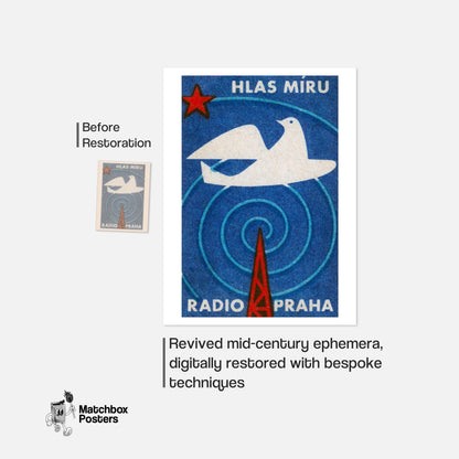 Radio Praha Voice of Peace Dove - vintage matchbox label print - framed wall art preview