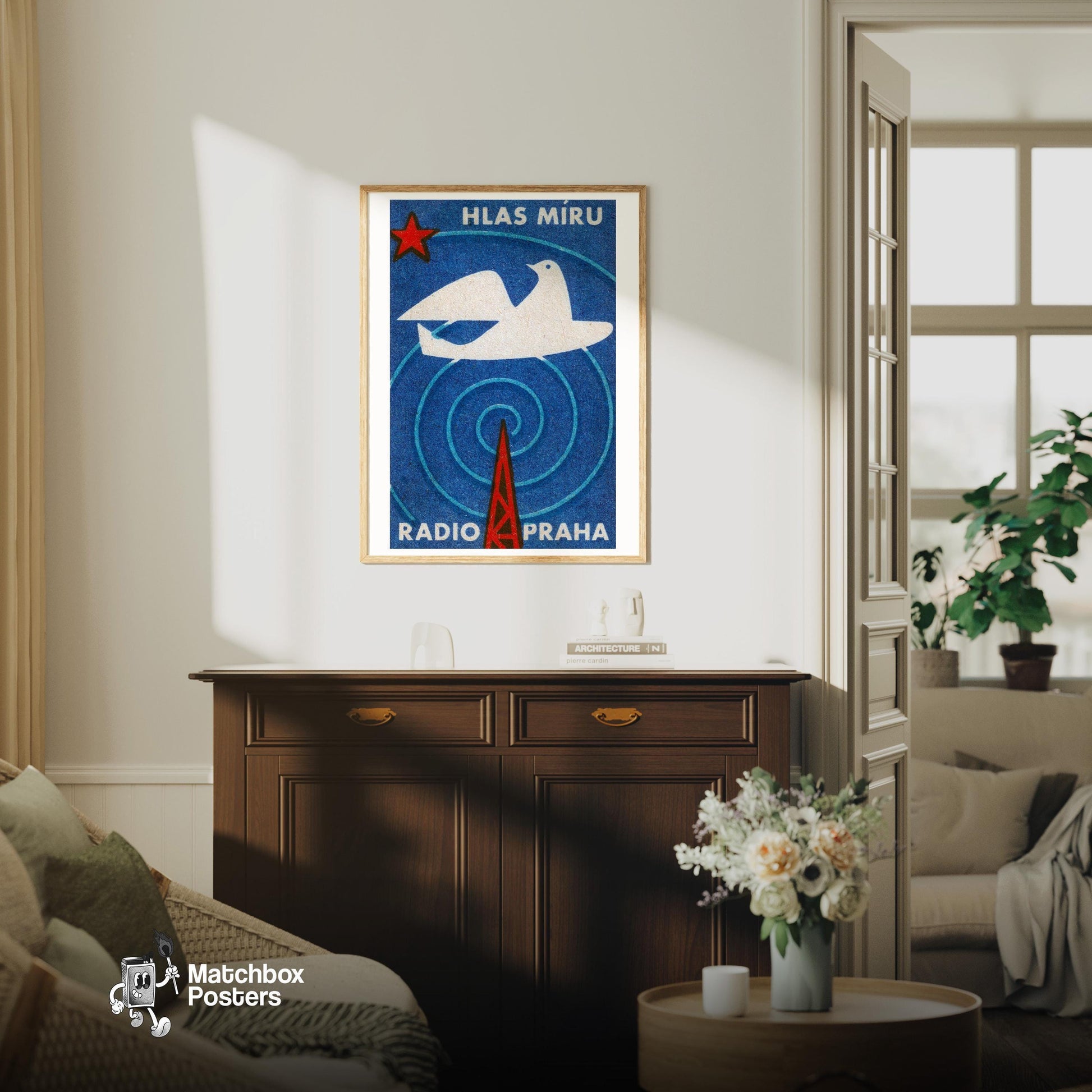 Radio Praha Voice of Peace Dove - vintage matchbox label print - living room mockup
