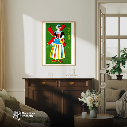 Dutch Woman - vintage matchbox label print - living room mockup
