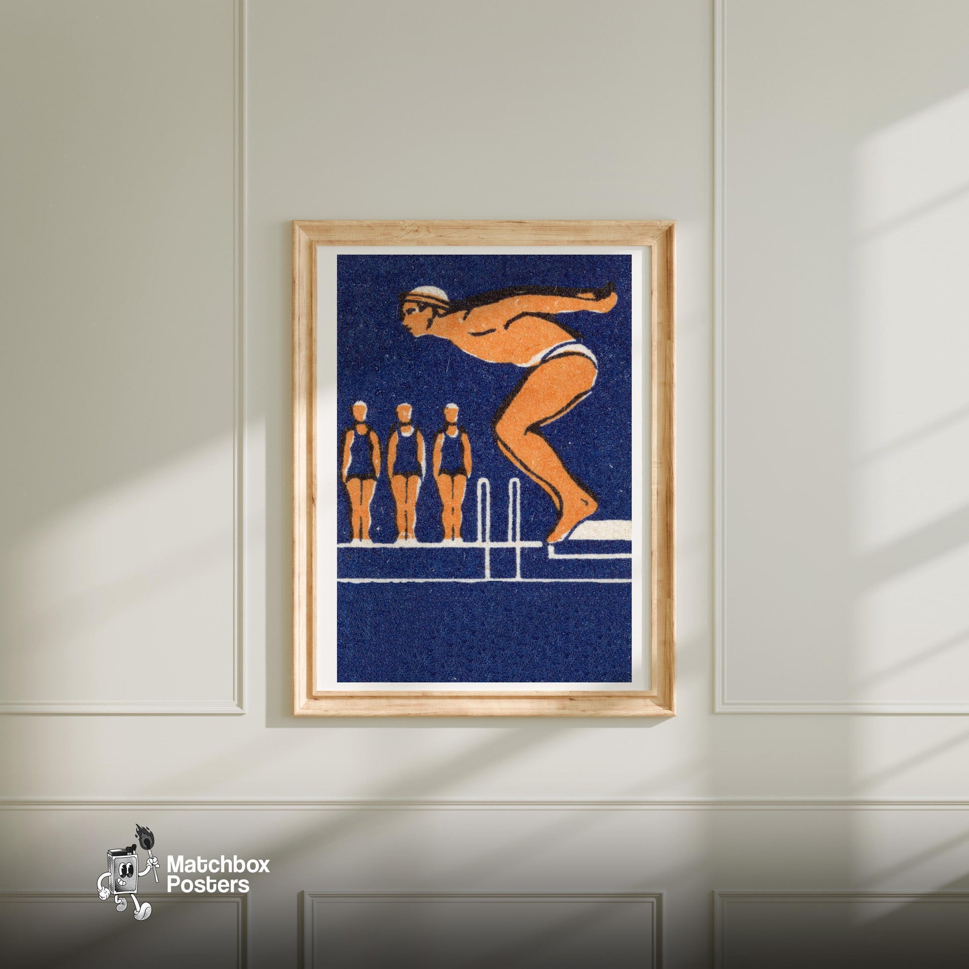 Diving Man - vintage matchbox label print - bedroom mockup