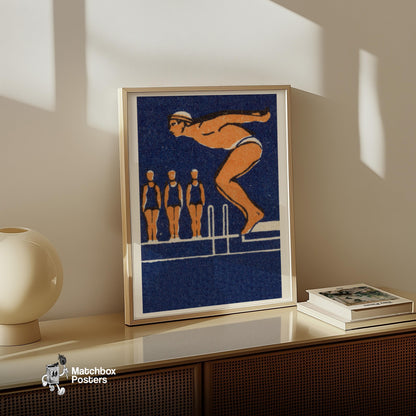 Diving Man - vintage matchbox label print - size comparison
