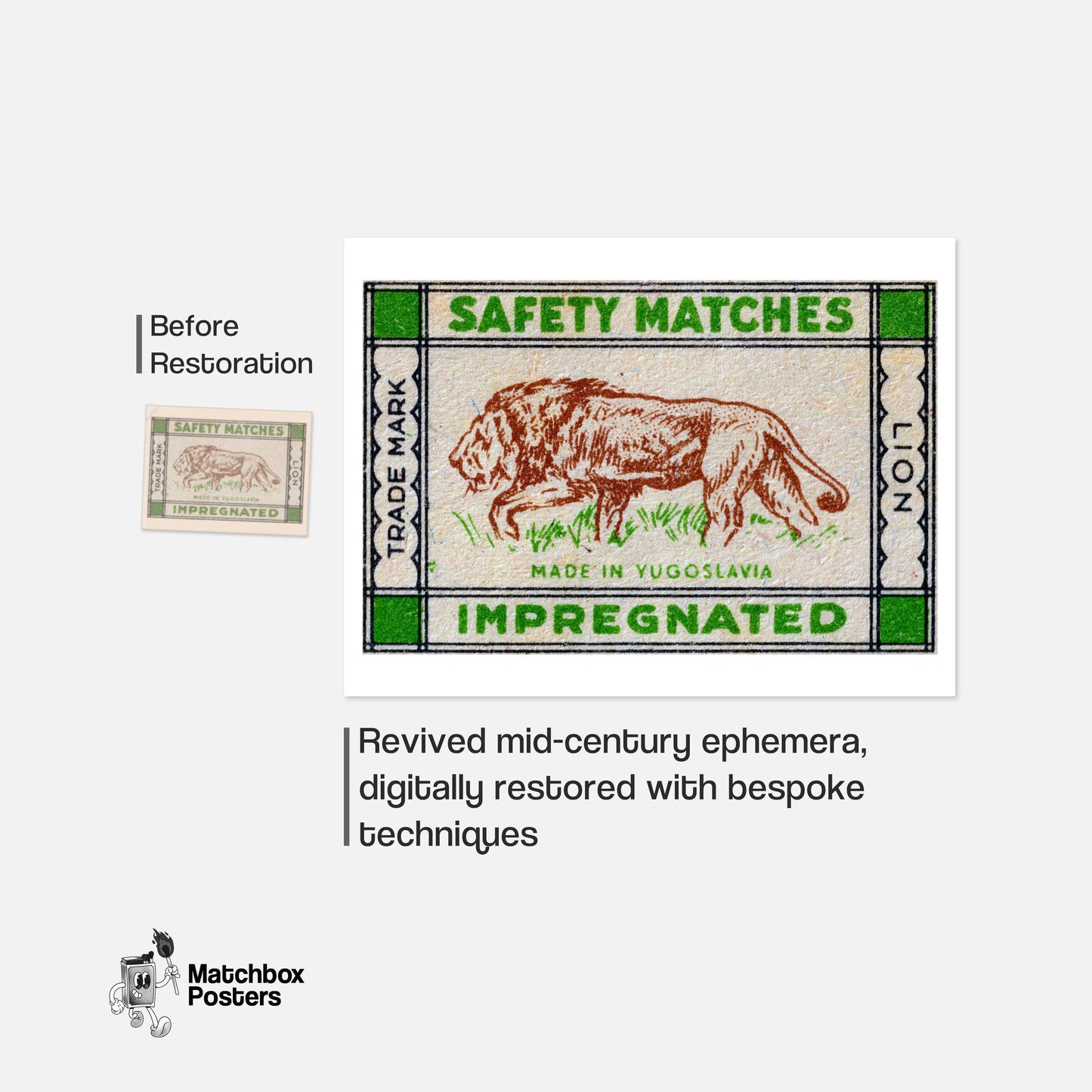 Lion - vintage matchbox label print - framed wall art preview