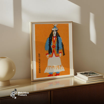 Kyrgyz Woman - vintage matchbox label print - size comparison
