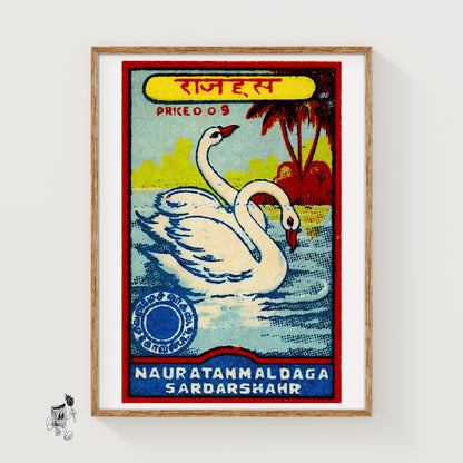 Two Swans - vintage matchbox label print