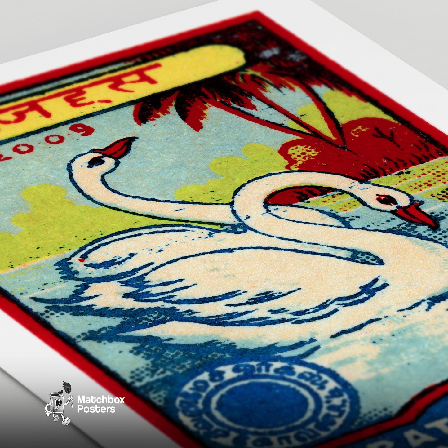 Two Swans - vintage matchbox label print - close-up detail