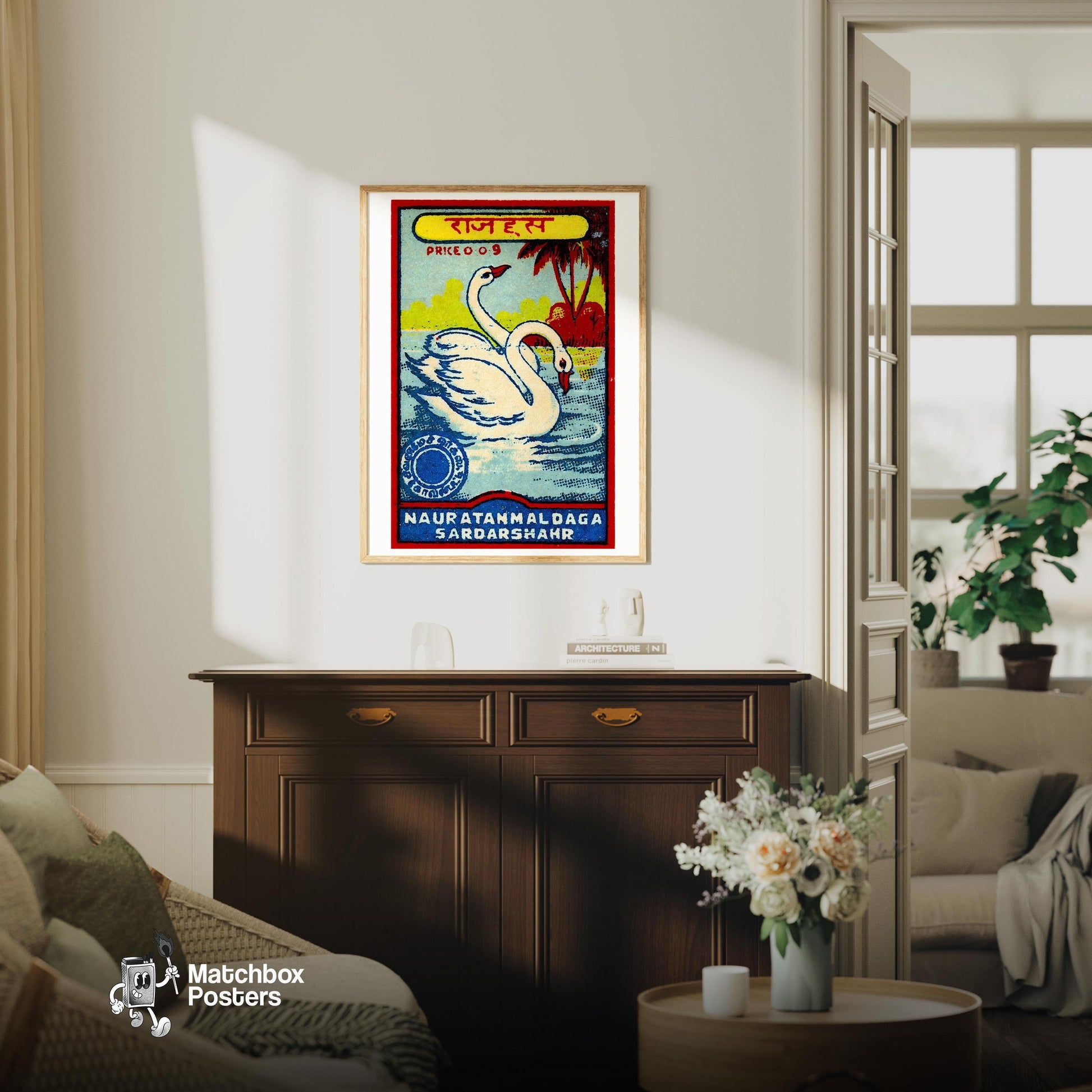 Two Swans - vintage matchbox label print - living room mockup