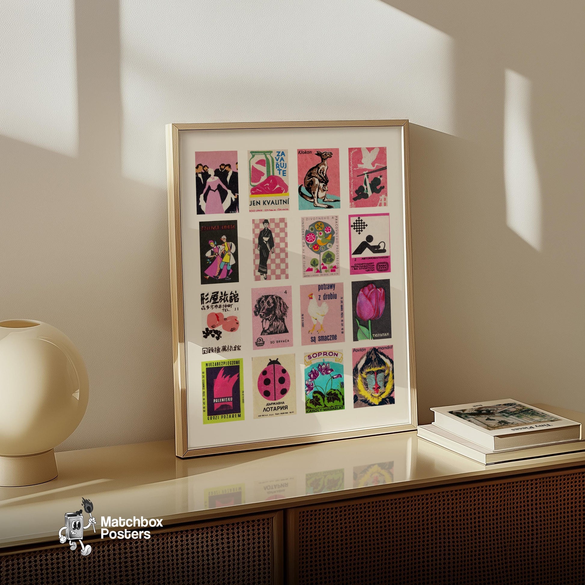 Pink Matchbox Label Collage - vintage matchbox label print - bedroom mockup