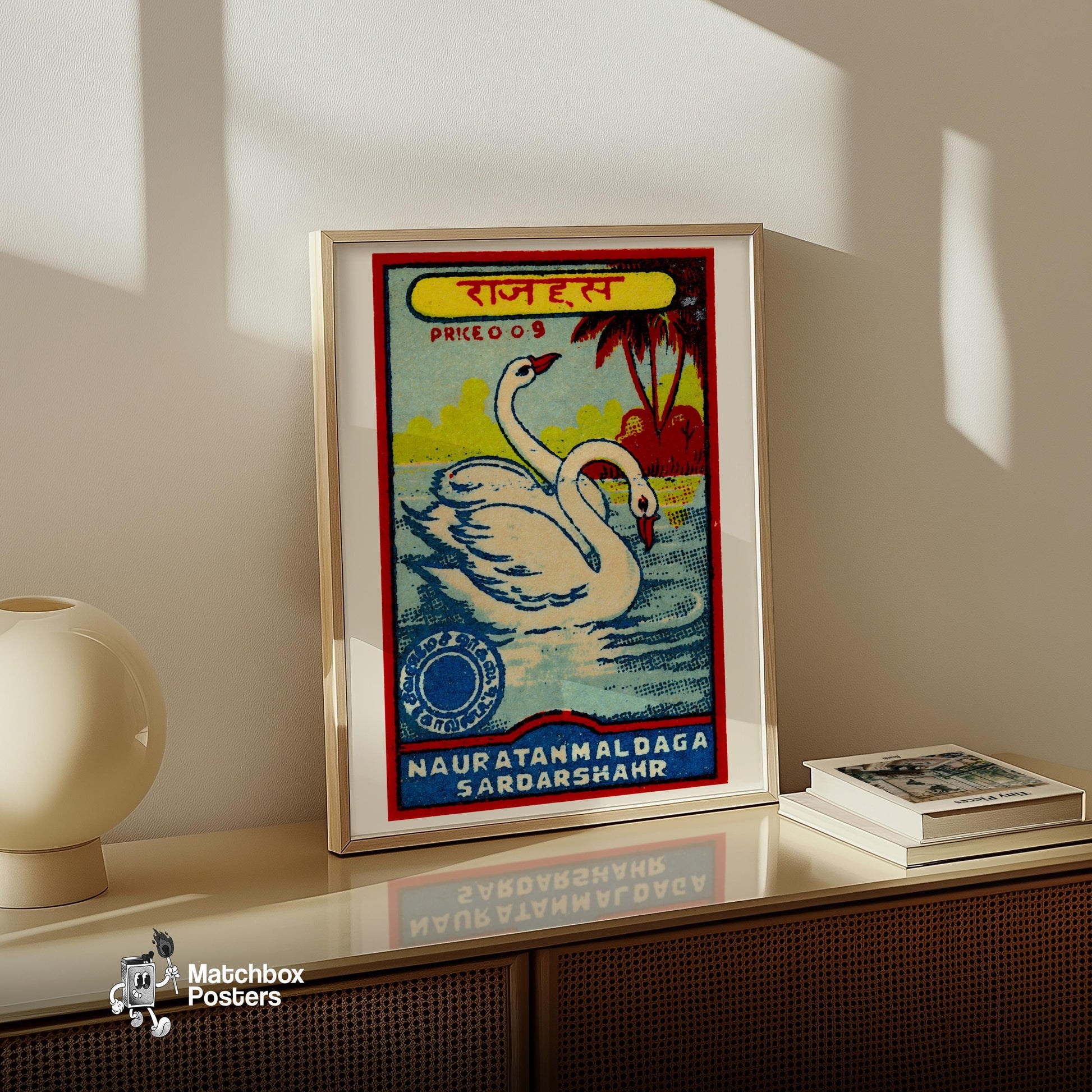 Two Swans - vintage matchbox label print - size comparison