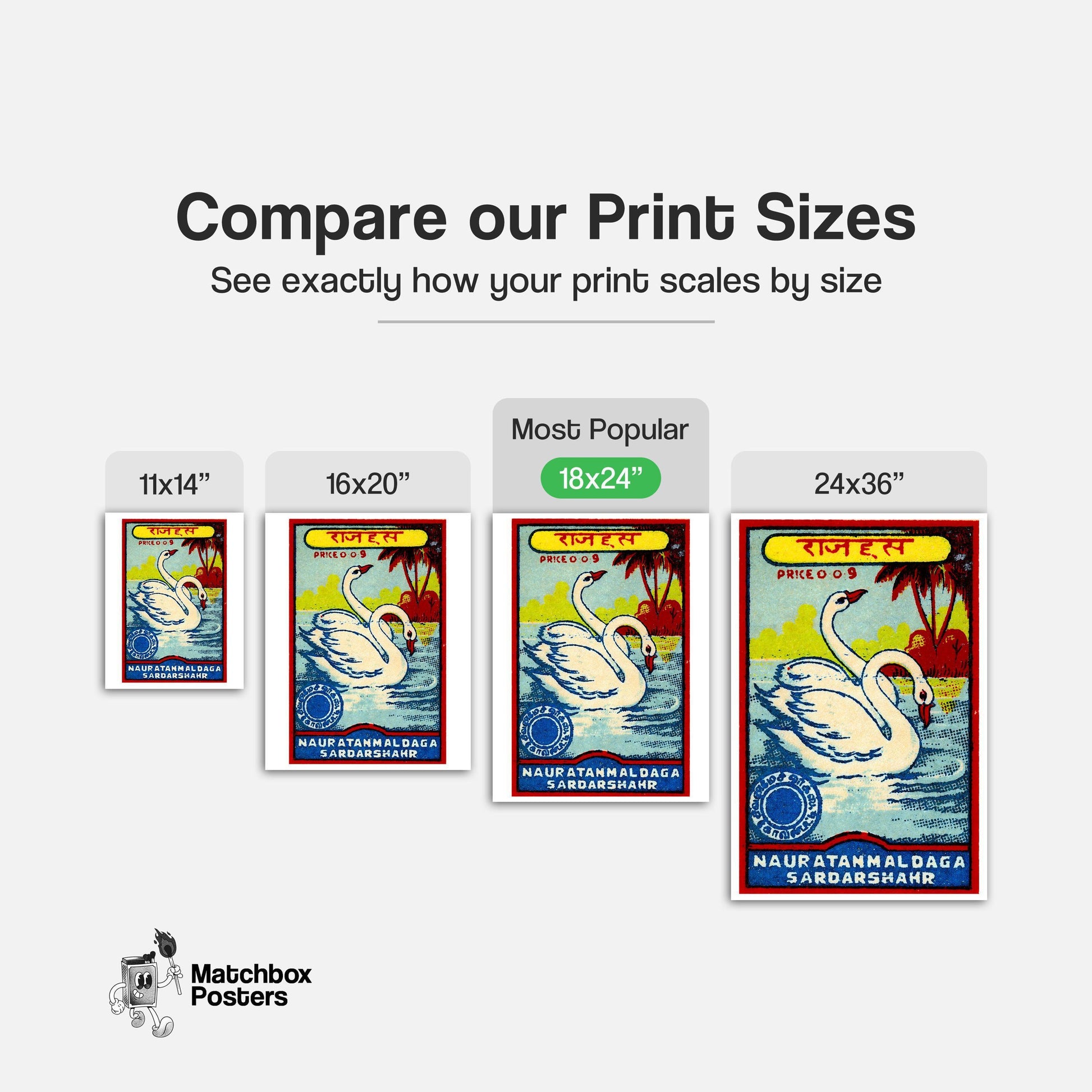 Two Swans - vintage matchbox label print - gallery wall preview