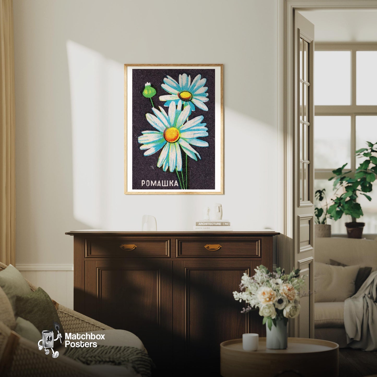 Daisy Flower - vintage matchbox label print - living room mockup