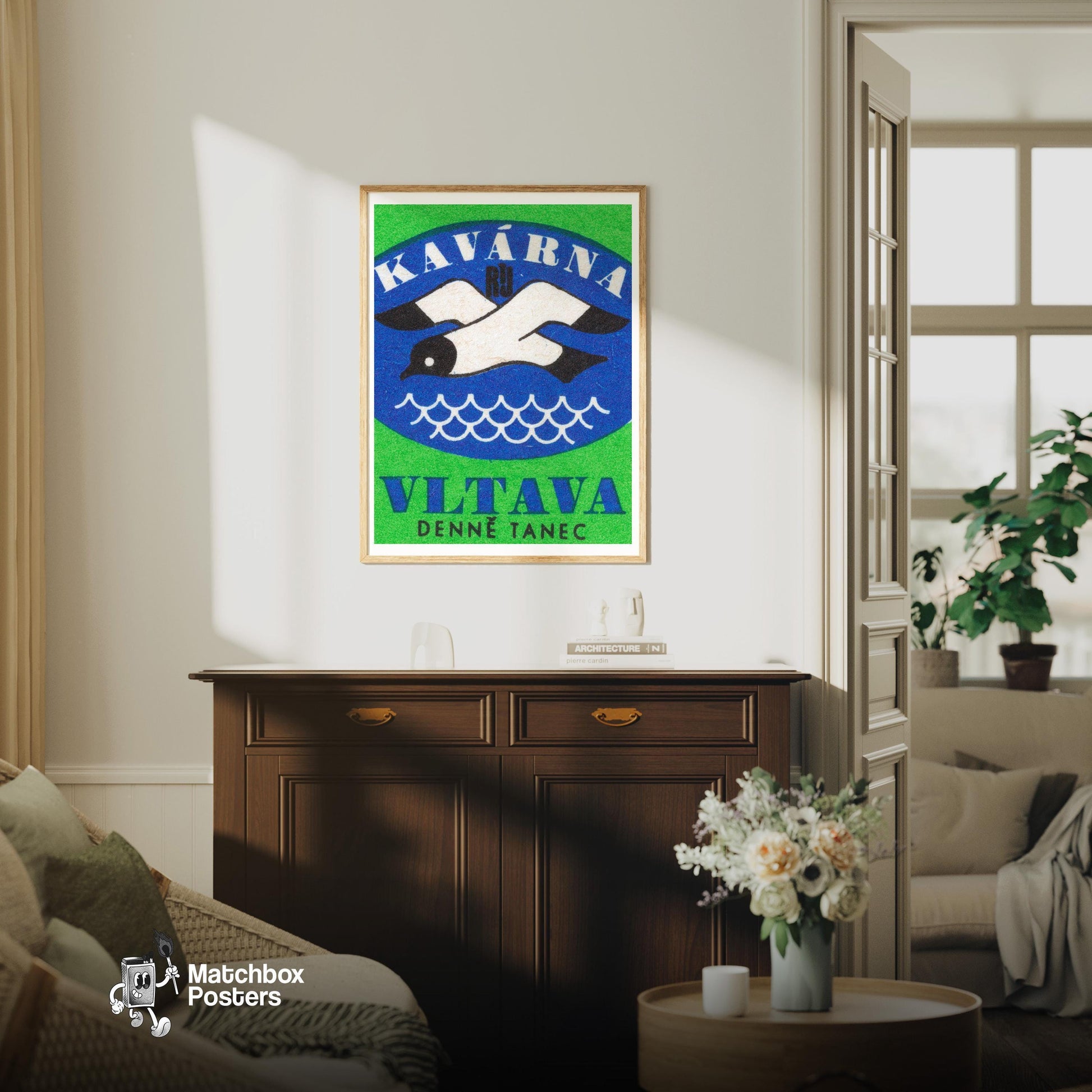 Sea Bird - vintage matchbox label print - living room mockup