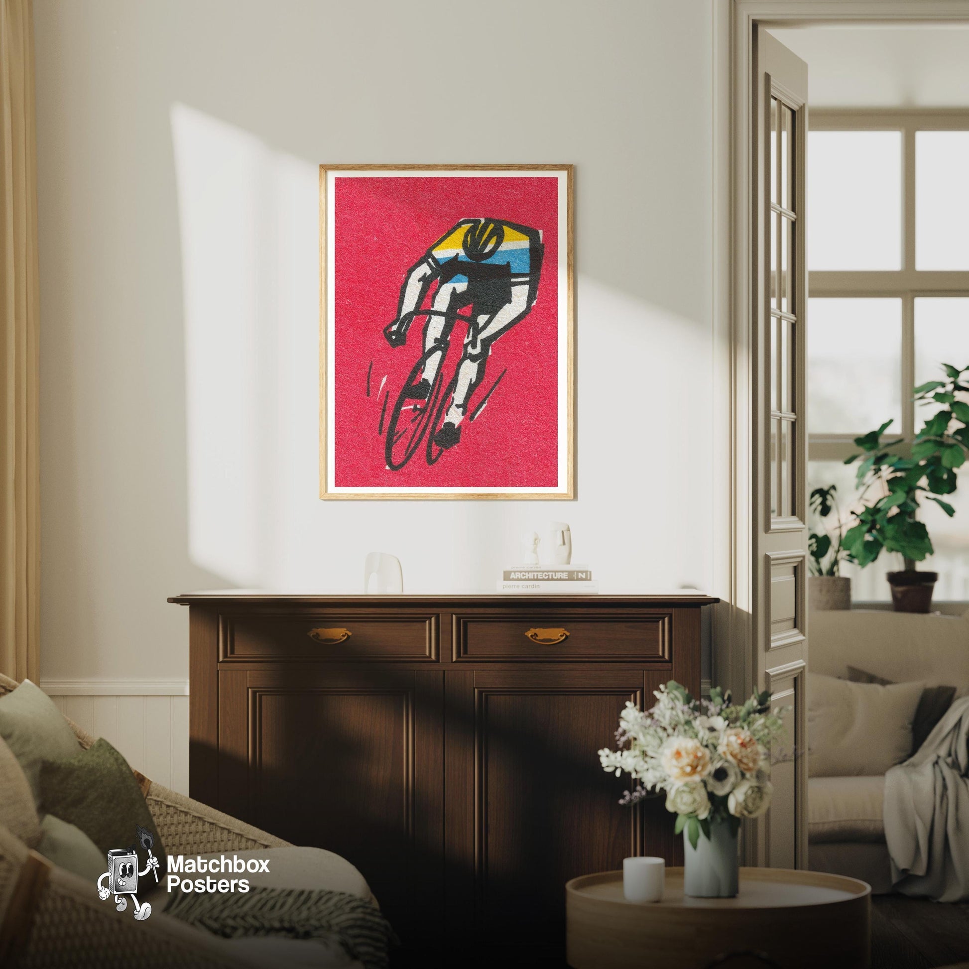 Cyclist - vintage matchbox label print - living room mockup