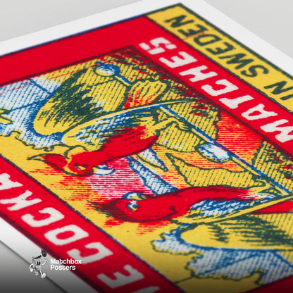 Two Red Cockatoos - vintage matchbox label print - close-up detail