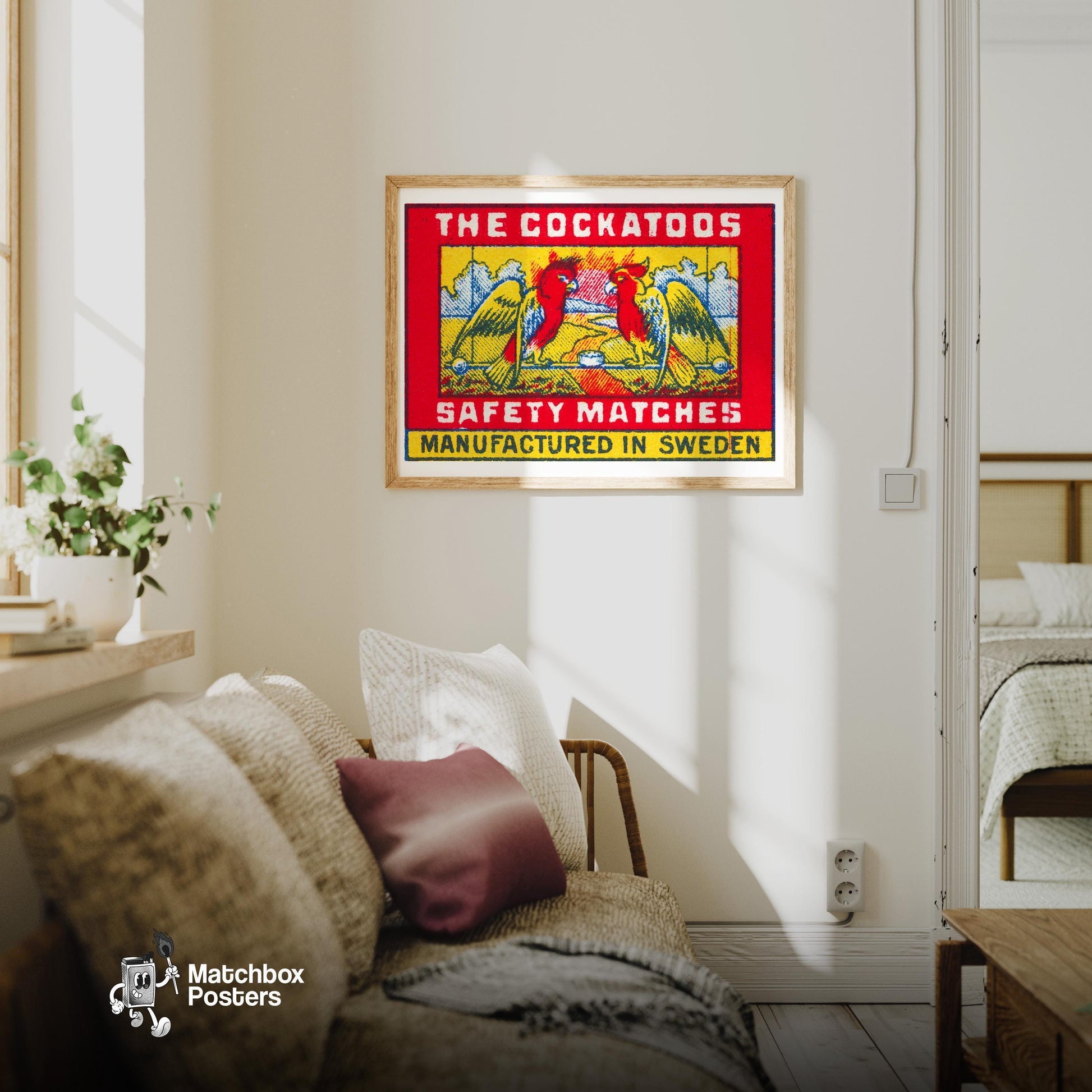 Two Red Cockatoos - vintage matchbox label print - living room mockup