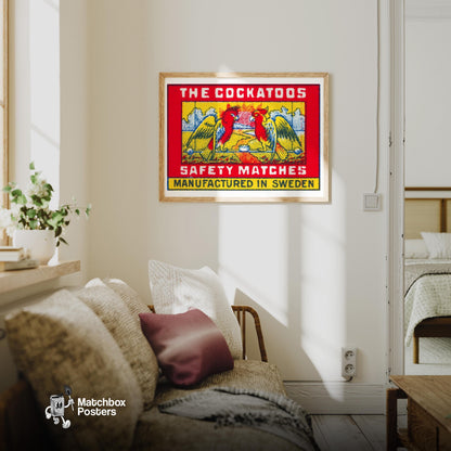 Two Red Cockatoos - vintage matchbox label print - living room mockup