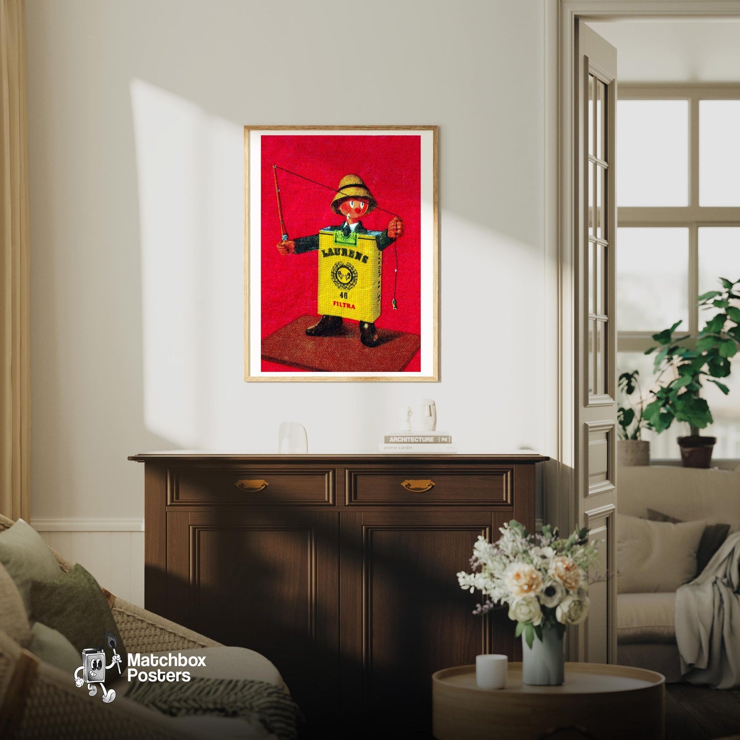 Cigarette Fisherman - vintage matchbox label print - living room mockup