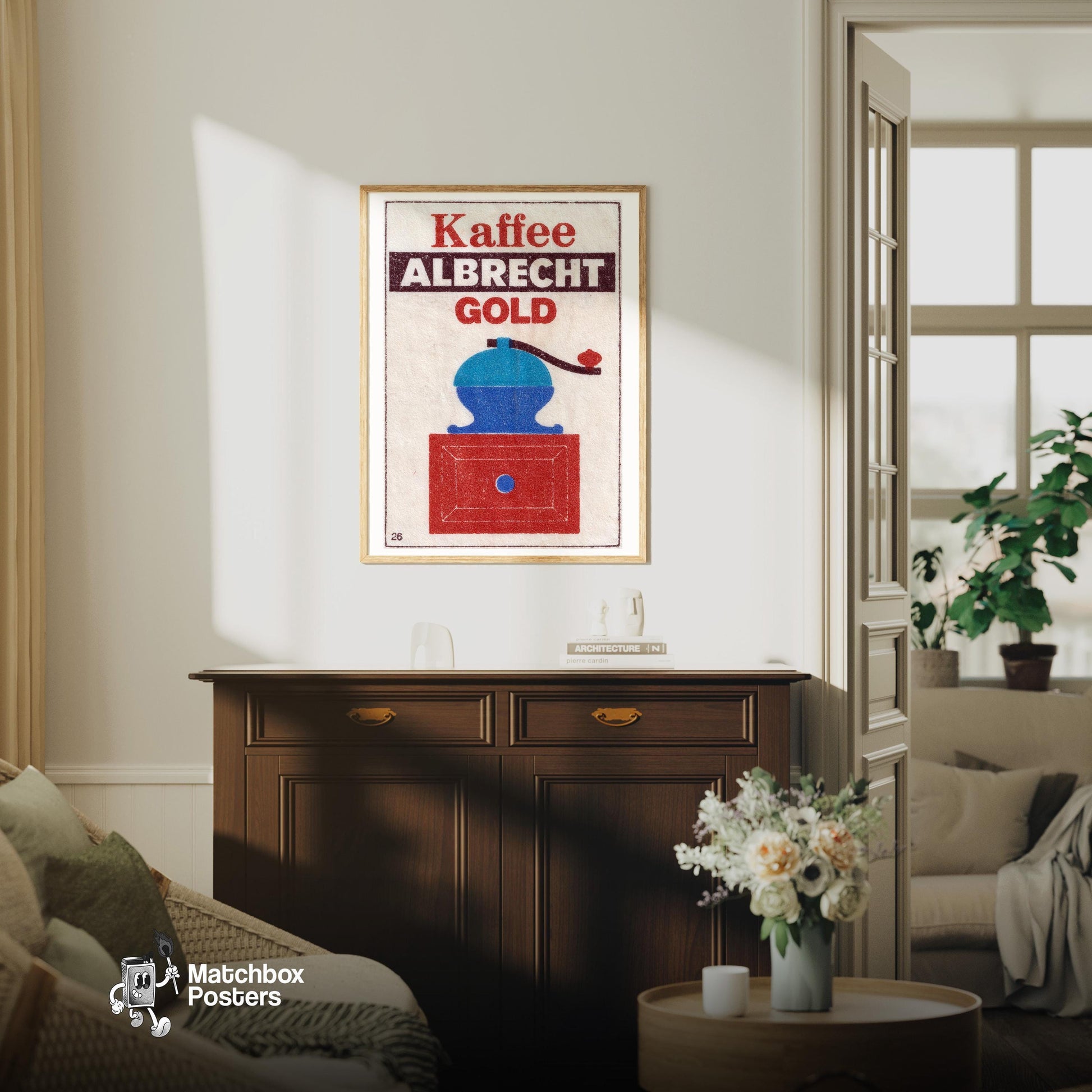Vintage Coffee Grinder Illustration - vintage matchbox label print - living room mockup