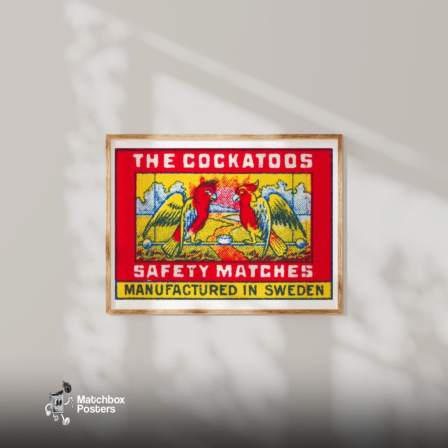 Two Red Cockatoos - vintage matchbox label print - bedroom mockup