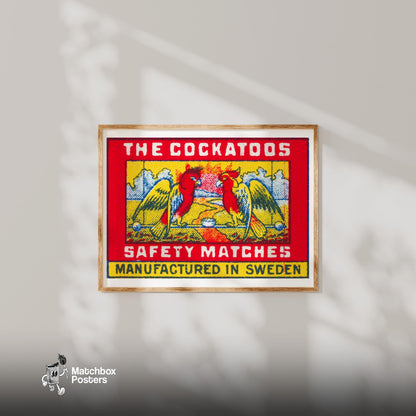 Two Red Cockatoos - vintage matchbox label print - bedroom mockup