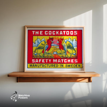 Two Red Cockatoos - vintage matchbox label print - size comparison