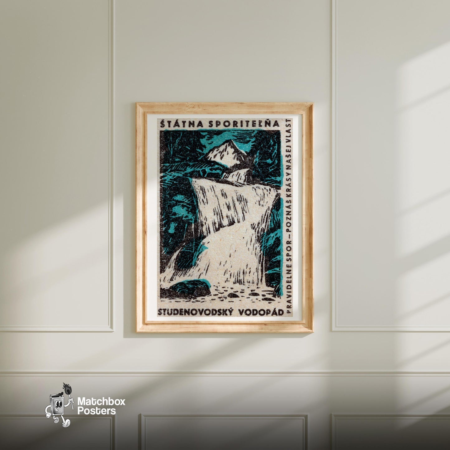 Waterfall - vintage matchbox label print - bedroom mockup