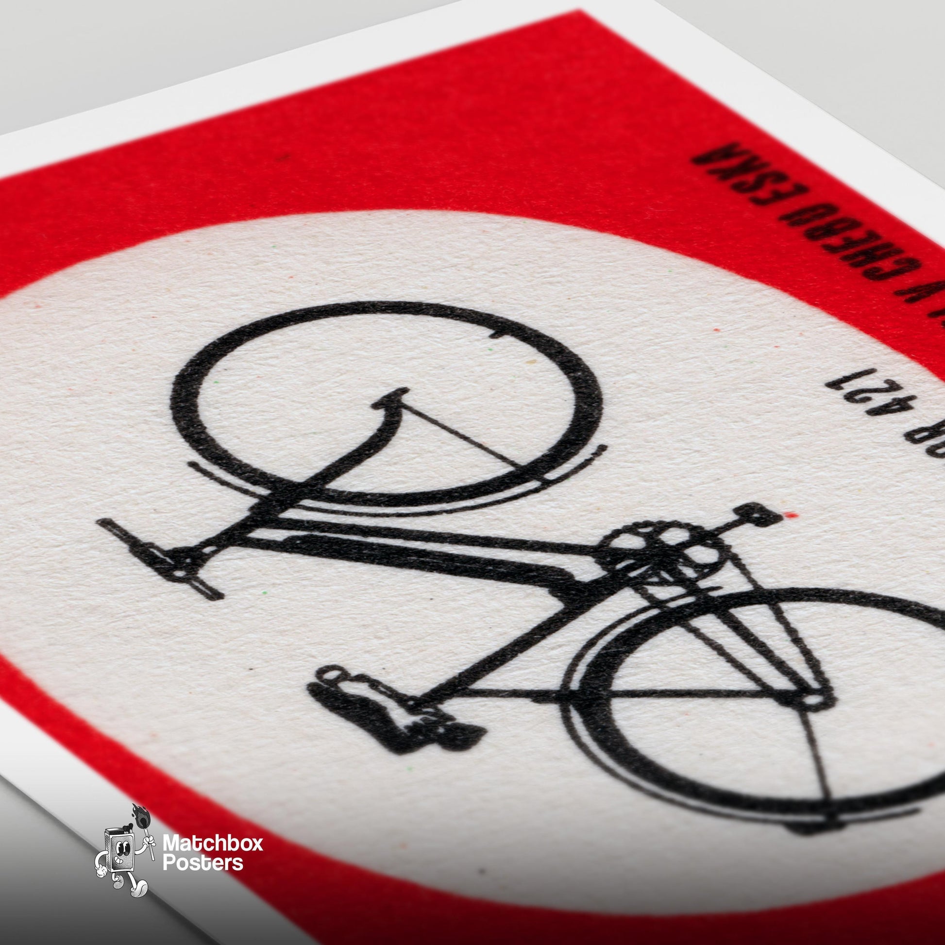 Black Silhouette Of A Bicycle - vintage matchbox label print - close-up detail