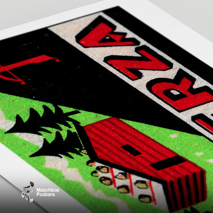 Red Cabin - vintage matchbox label print - close-up detail