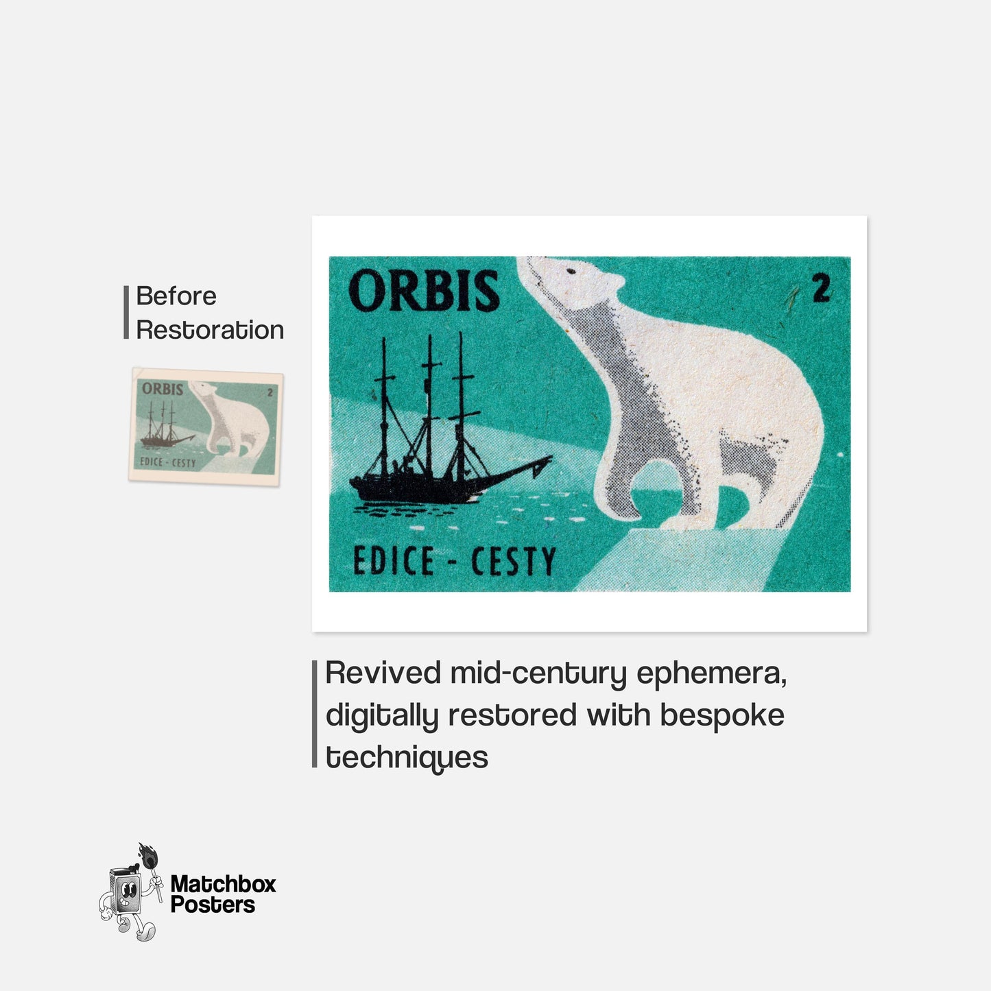 Polar Bear Arctic - vintage matchbox label print - framed wall art preview