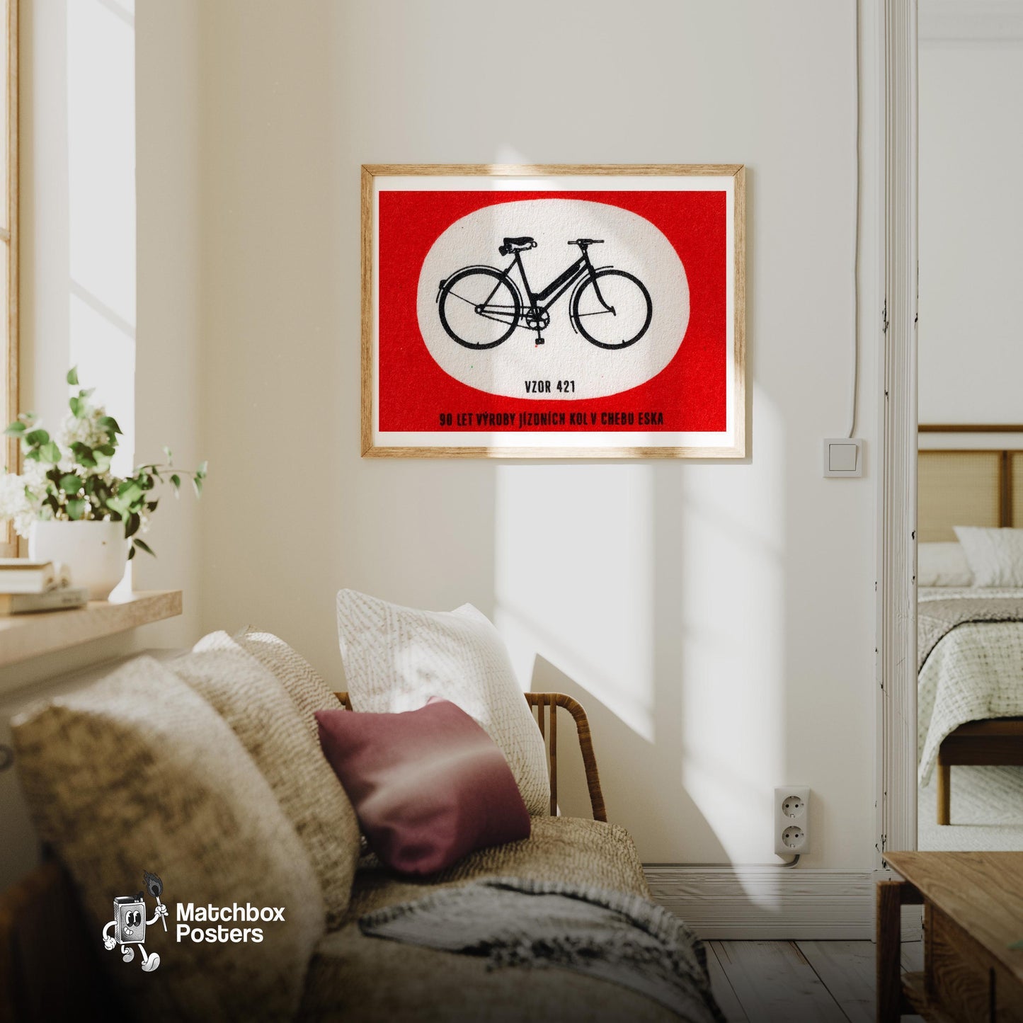 Black Silhouette Of A Bicycle - vintage matchbox label print - living room mockup