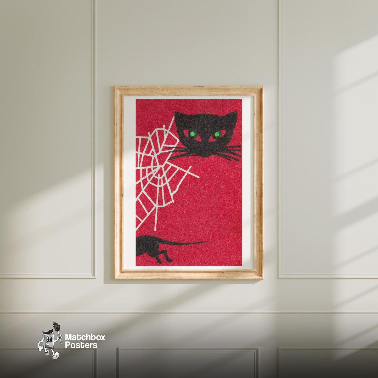 Black Cat - vintage matchbox label print - bedroom mockup