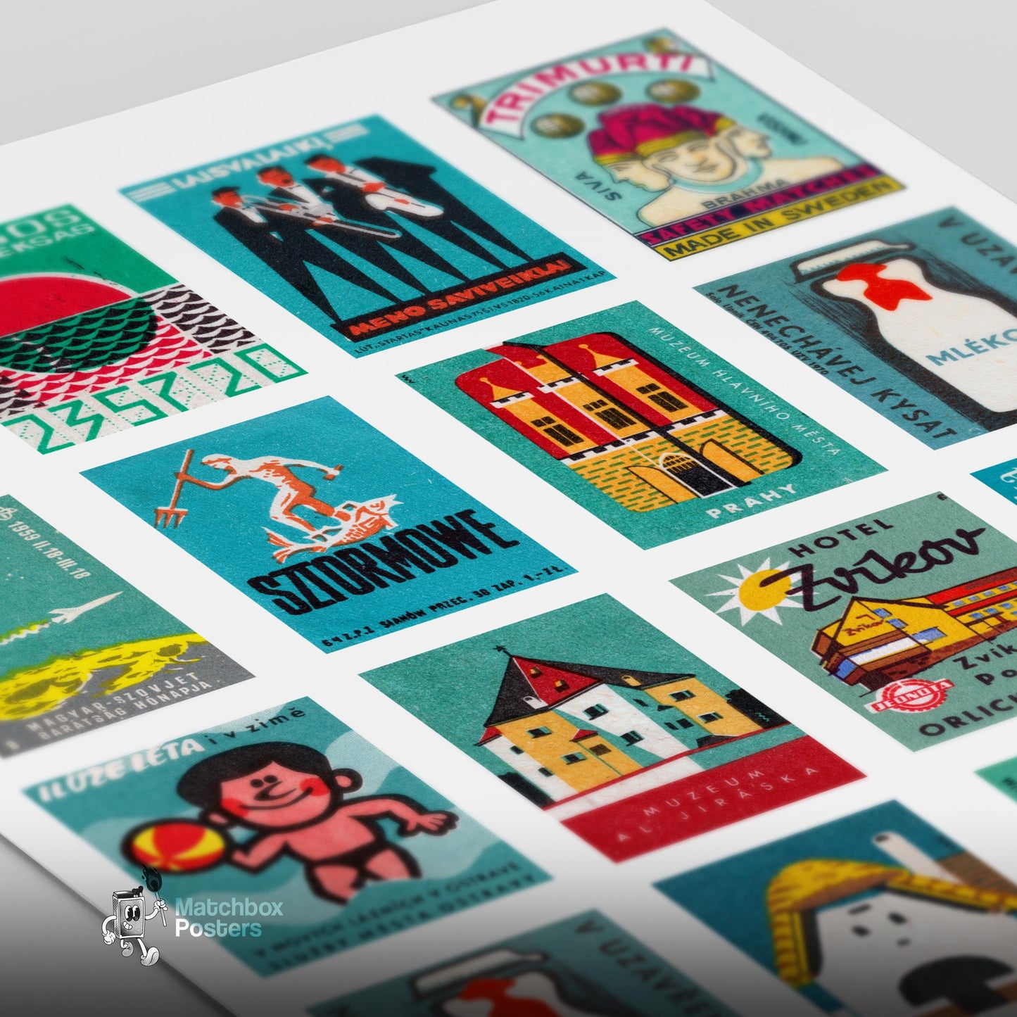 Teal Matchbox Label Collage - vintage matchbox label print - close-up detail