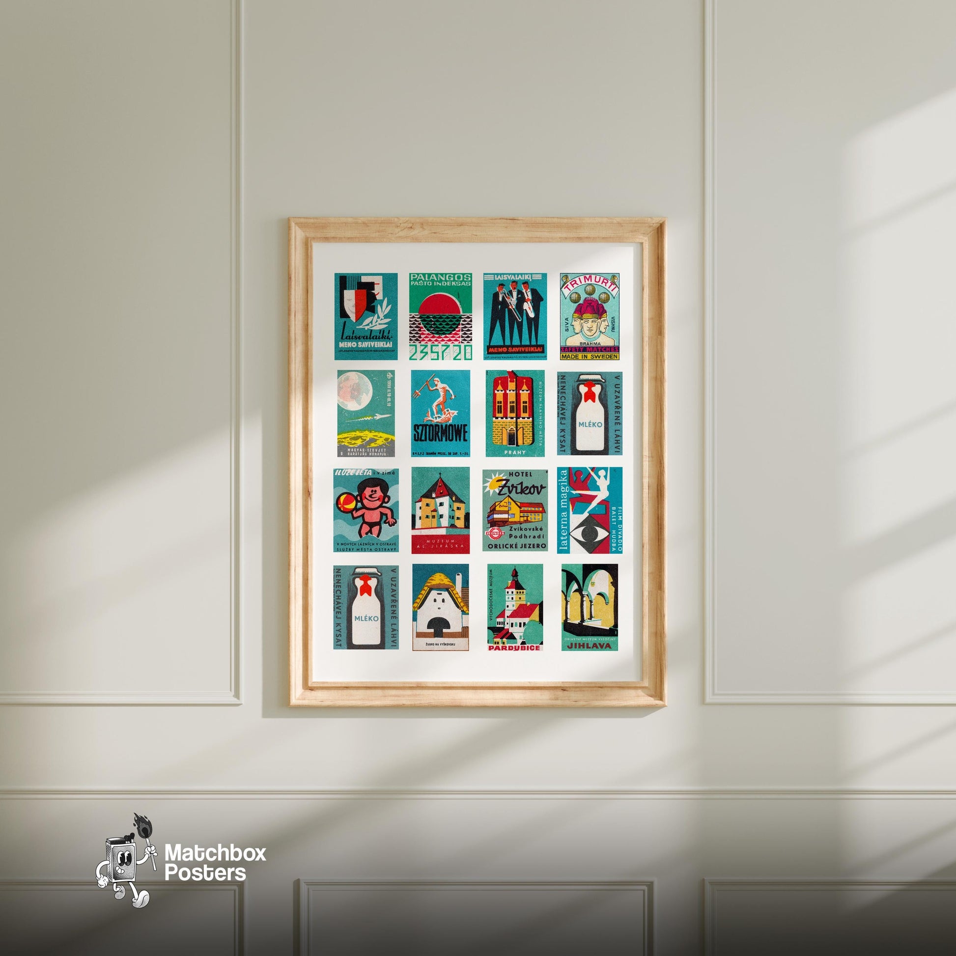 Teal Matchbox Label Collage - vintage matchbox label print - living room mockup