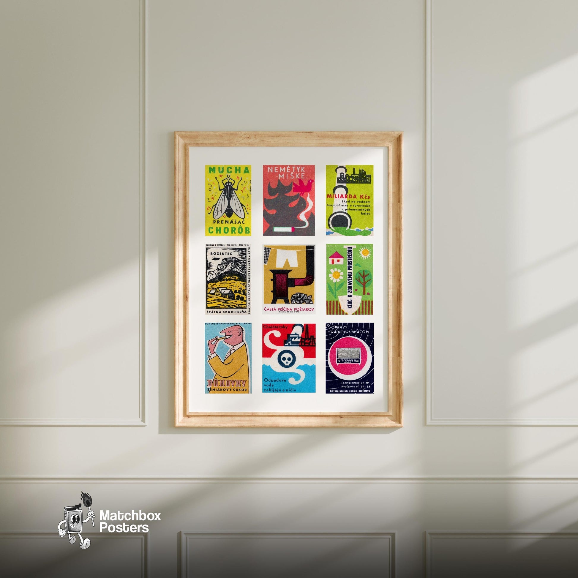 Slovak Collage - vintage matchbox label print - living room mockup