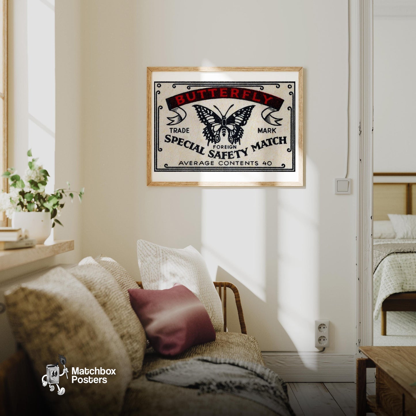 Black Butterfly - vintage matchbox label print - living room mockup