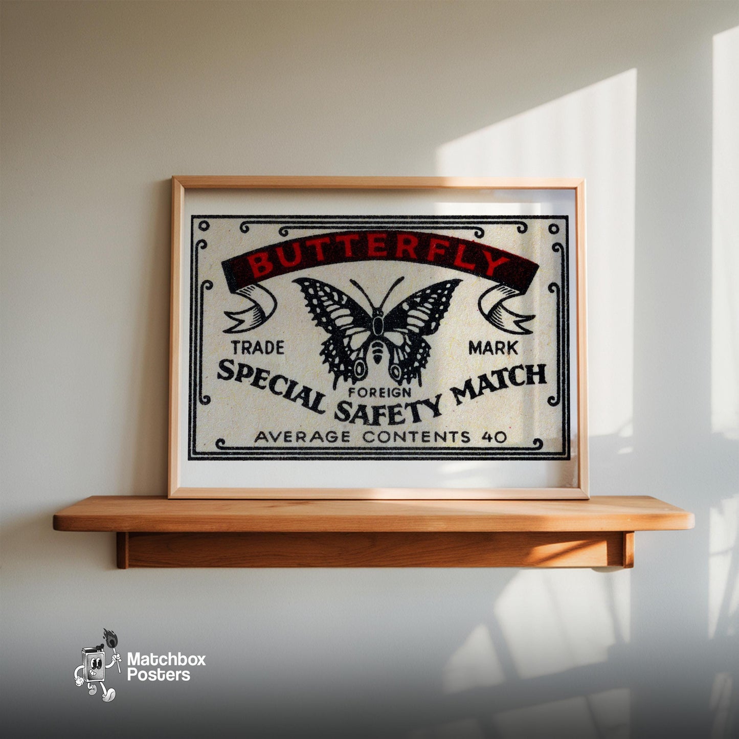Black Butterfly - vintage matchbox label print - size comparison