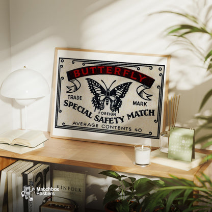 Black Butterfly - vintage matchbox label print - office wall