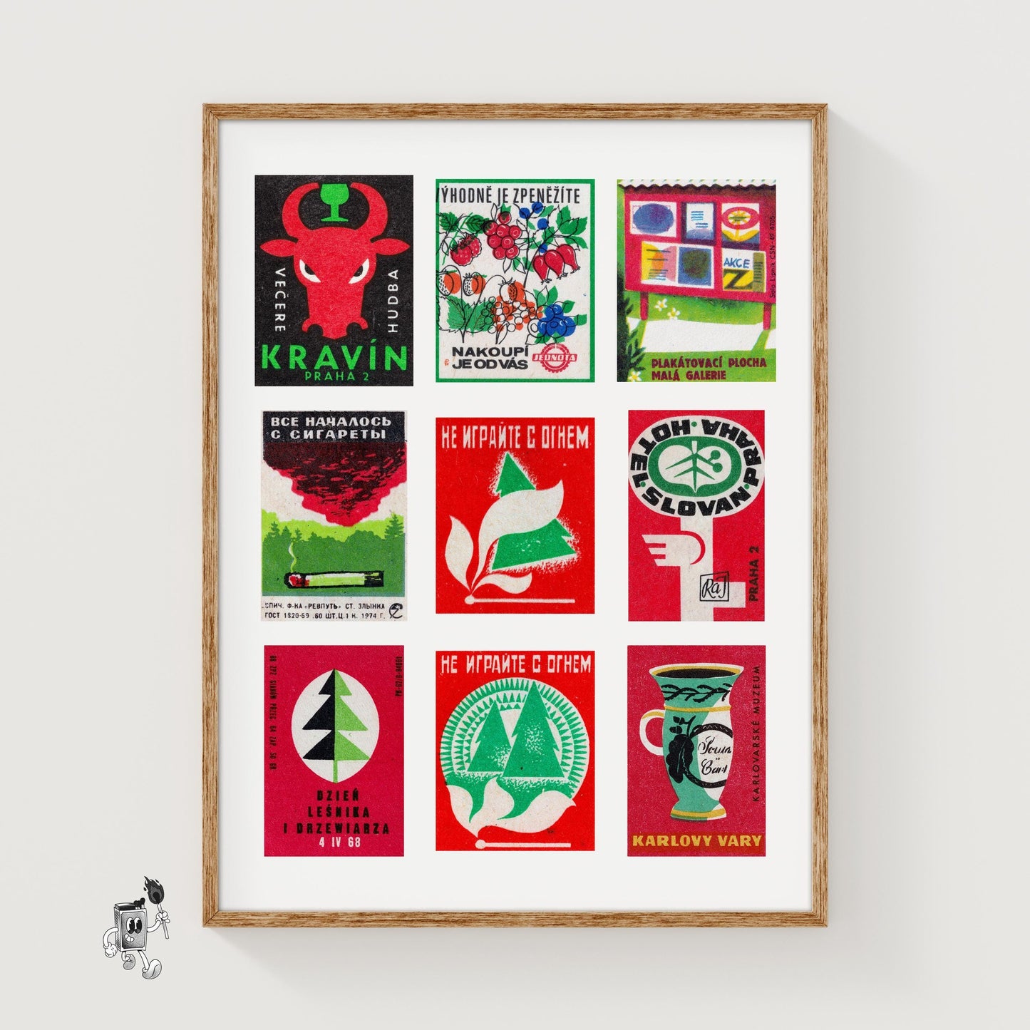 Red and Greens Grid Print - vintage matchbox label print